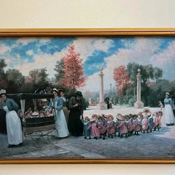 French Canvas Promenade Des Enfants Art by Timoleon Marie Lobrichon Gold Frame - Picture 4 of 16